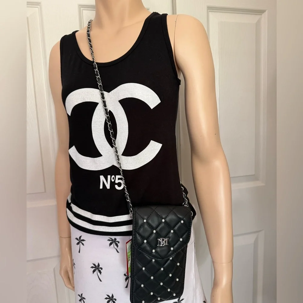 Quilted Pearl-Trim Black Crossbody Phone Bag - Unbranded - Picture 14 of 16